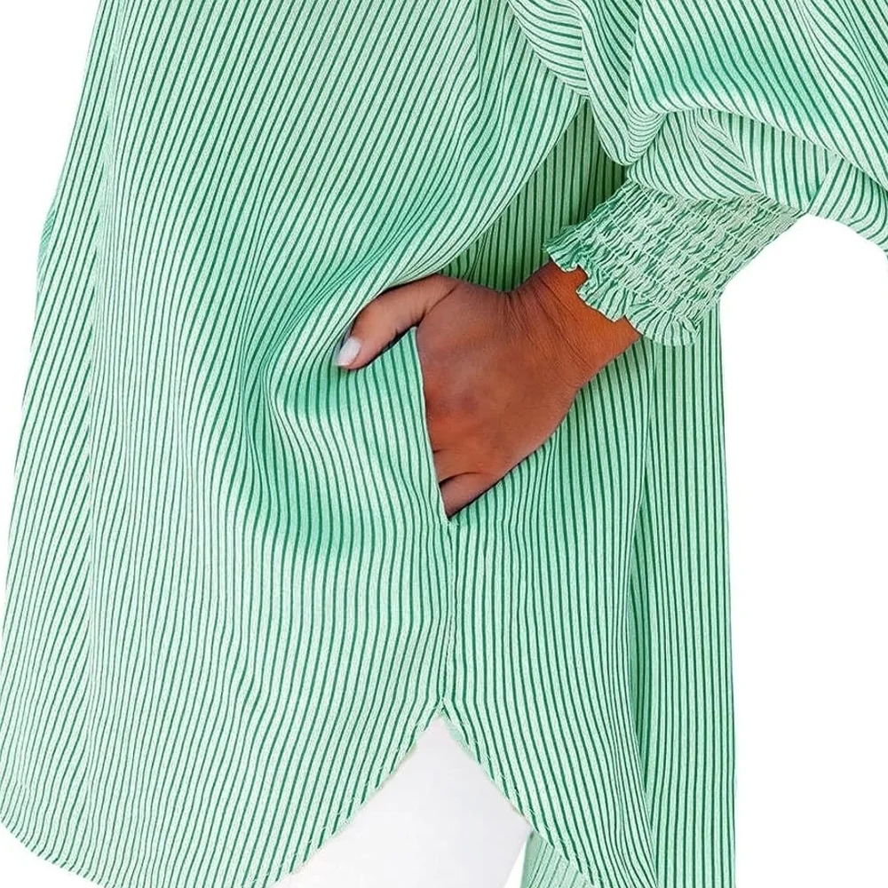 Womens Smocked Cuffed Striped Boyfriend Shirt Casual Collar Long Sleeve Oversize - Picture 3 of 5